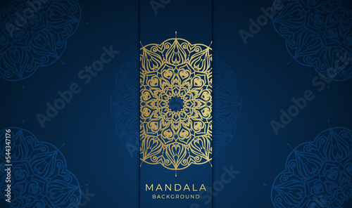 horizontal vertical illustrated decorative oriental creative art style colorful gradient blue color with golden colors arabic Islamic mandala wallpaper background design vector template