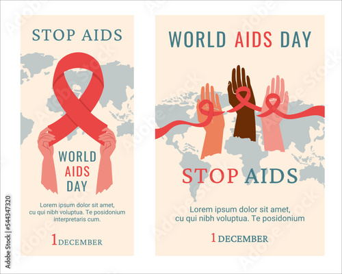 World Aids day. Set of posters. Awareness of AIDS. People of different colour, nationality holding red ribbon as symbol of unity, help for one another. Support for hiv infected people. Vector