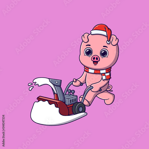 cute pig removing snow with snow blower