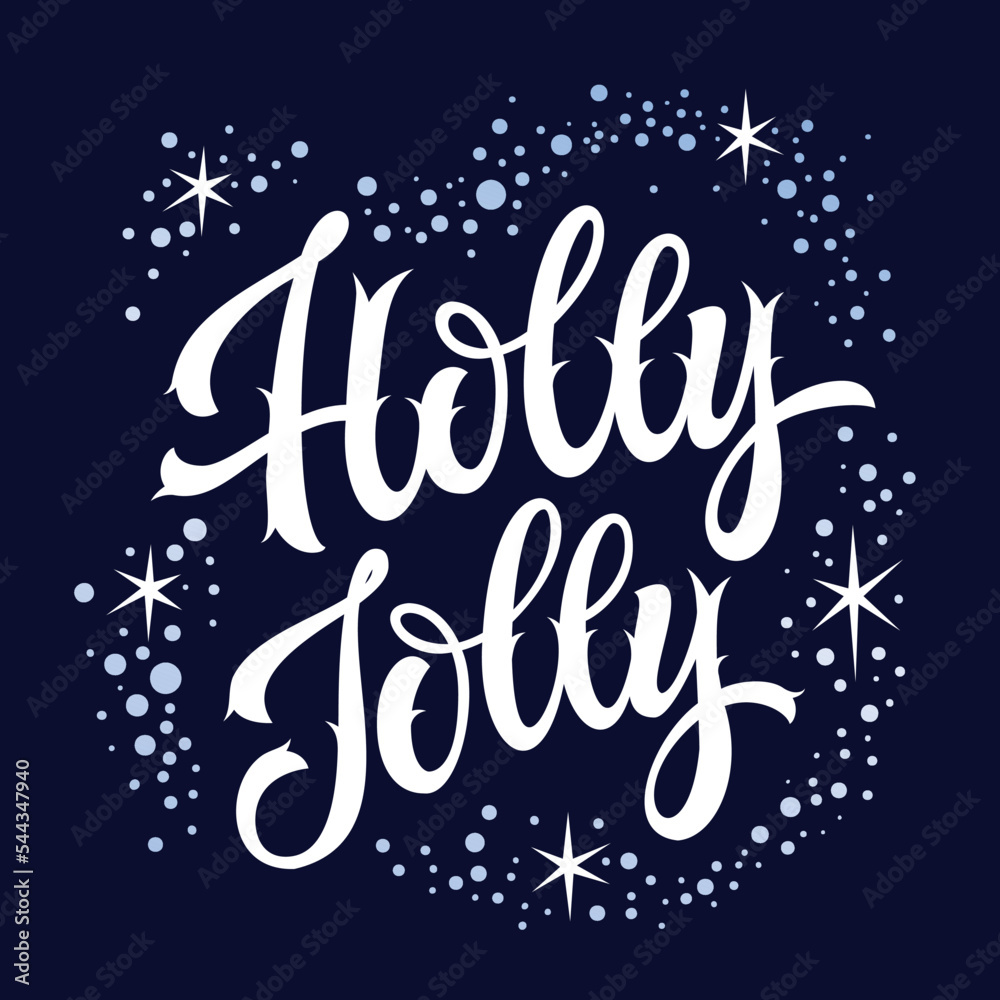 Holly Jolly, elegant festive calligraphy lettering phrase in a frame of sparkle snowflakes, stars. White design on a dark background. Isolated vector typography illustration for Christmas purposes