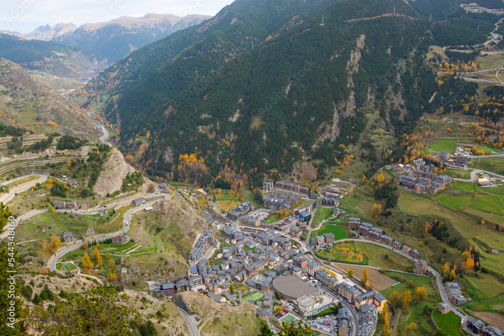 Mountain serpentine, road and buildigs in Andorra.