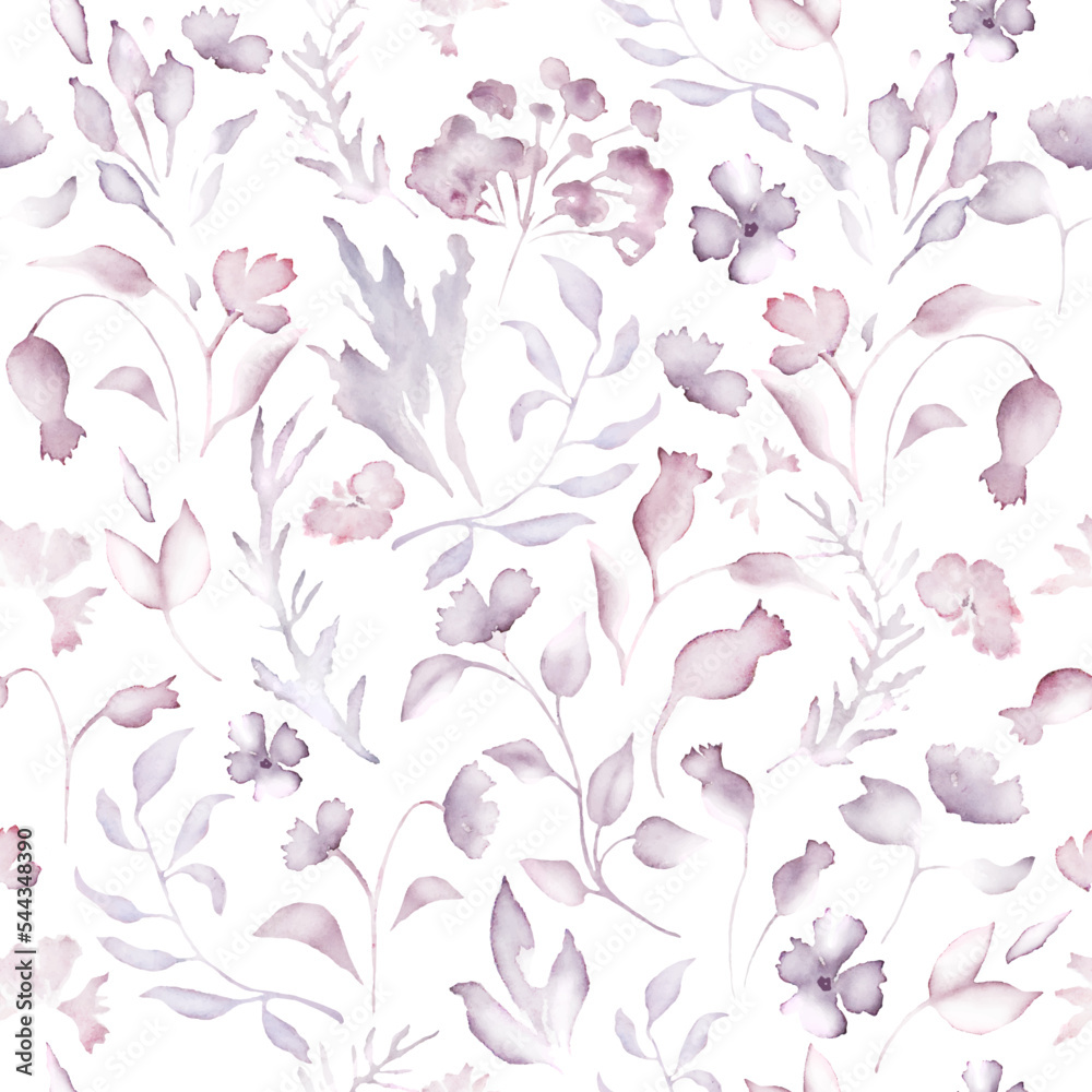 Watercolor seamless pattern with abstract purple flowers,  leaves, branches. Hand drawn floral illustration isolated on light  background. For packaging, wrapping design or print. Vector EPS.