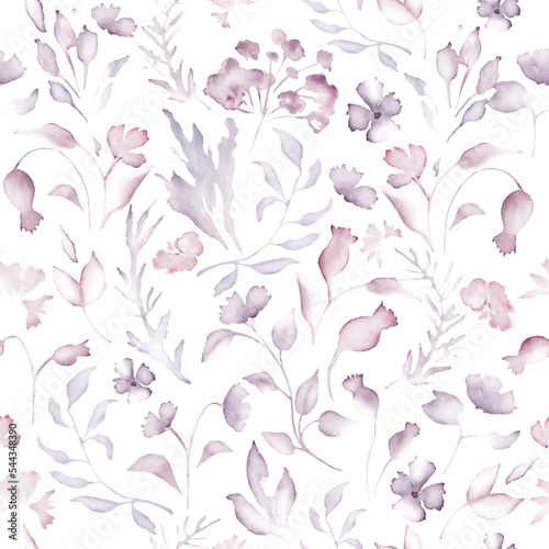 Watercolor seamless pattern with abstract purple flowers, leaves, branches. Hand drawn floral illustration isolated on light background. For packaging, wrapping design or print. Vector EPS.