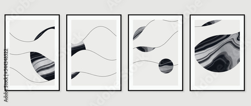 Set of contemporary abstract design wall art. Vector illustration of line art, curve, circle shape, marble texture, planet surface. Art design for wallpaper, wall decor, card, poster, cover, print.