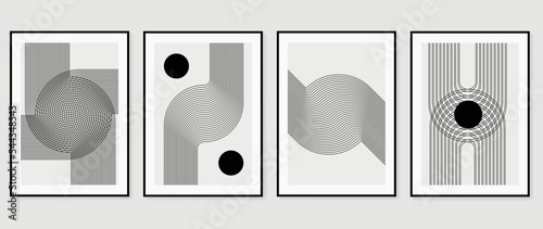 Set of contemporary abstract design wall art vector. Collection of black and white line art, circle, round, curve, wave. Art design illustration for wallpaper, wall decor, card, poster, cover, print.