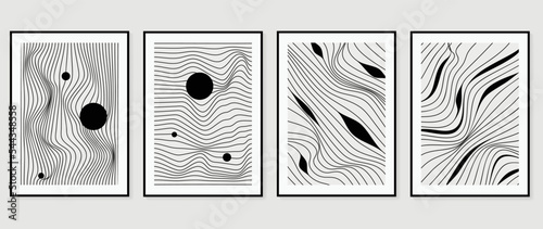 Set of contemporary abstract design wall art vector. Collection of black and white line art, circle, round, curve, wave. Art design illustration for wallpaper, wall decor, card, poster, cover, print.