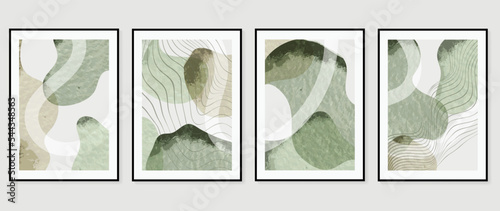 Set of contemporary abstract design wall art vector. Collection of watercolor abstract shape, line art, curve, wave. Art design illustration for wallpaper, wall decor, card, poster, cover, print.