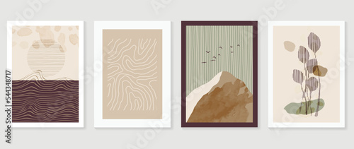 Set of contemporary abstract design wall art vector. Collection of watercolor mountain, terrain, wave, curve, bird, leaf branch line art. Design for wallpaper, wall decor, card, poster, cover, print.