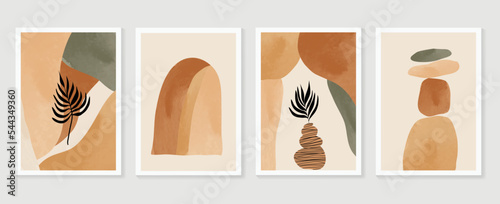 Set of contemporary abstract design wall art vector. Collection of watercolor leaf branch, rock tower, lines, organic shape. Design illustration for wallpaper, wall decor, card, poster, cover, print.