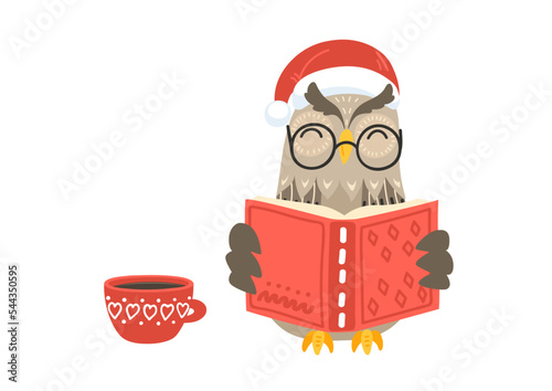 Christmas story. Owl in Santa hat read book. Winter holidays children illustration. 