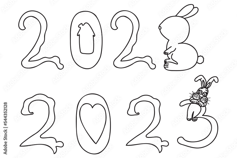 The number two thousand and twenty-three is drawn with a black outline, the number three is like a rabbit, it is intended for calendar, poster, printing and other cases. The number two thousand and twenty-three is drawn with a black outline, the number three is like a rabbit, it is intended for calendar, poster, printing and other cases.