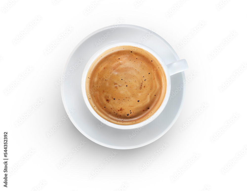 A hot cup of black espresso coffee from above in a white cup isolated against a transparent background.