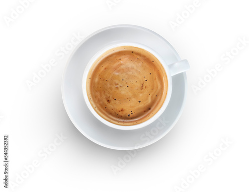 A hot cup of black espresso coffee from above in a white cup isolated against a transparent background.