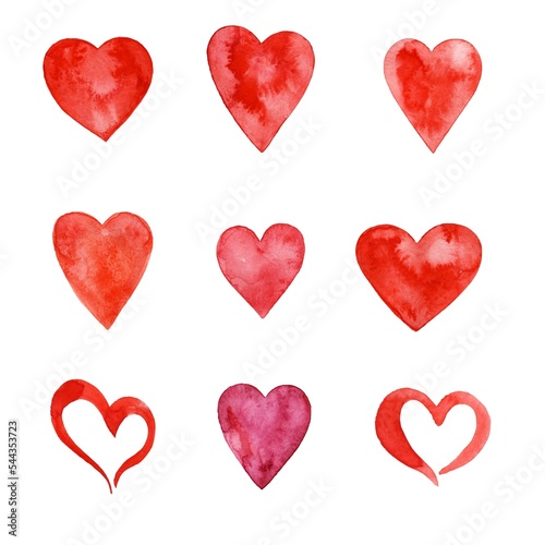 Set of red watercolor hearts on a white isolated background. Scarlet hearts with streaks of paint and granulation. Hand drawn hearts on textured paper.