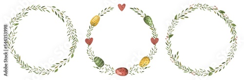Watercolor wreaths with Easter eggs  hearts and foliage. Spring frames for holiday design