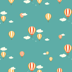 Fotobehang Luchtballon Cartoon luchtballonnen tussen zachte wolken  © Ne Mariya