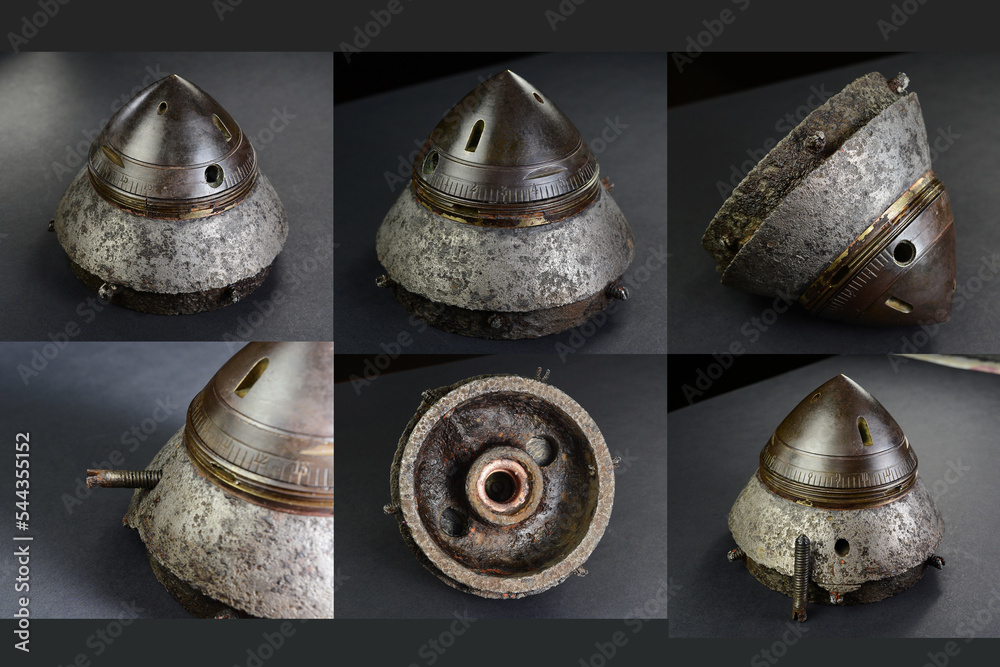 Fototapeta premium 152mm shrapnel shell time fuze from Russian artillery ordnance gun from the First World War WW1. Brass steel head. Corroded metal and patinated oxidised brass timer. Dug up from the battlefield.