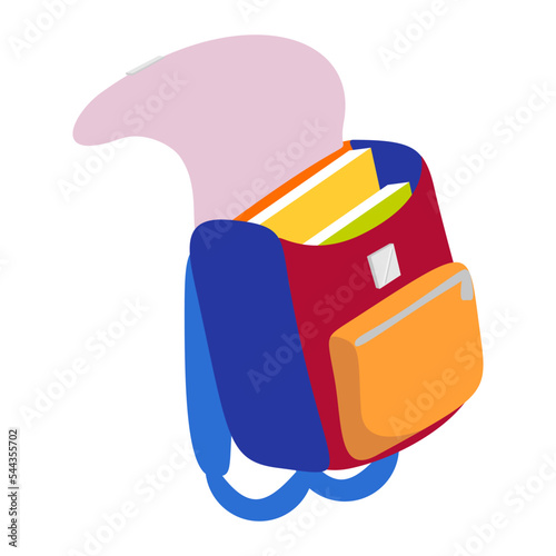 Cartoon blue schoolbag with textbook inside. Flat design stationery. Isolated on white background, EPS10 vector