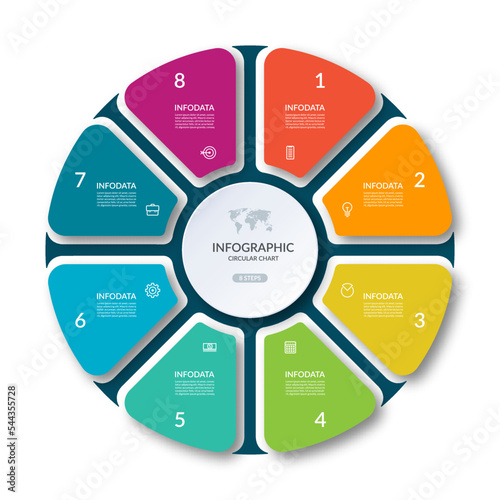 Infographic circle with 8 options, parts. 8-step vector template for business infographics. Process chart, cycle diagram for business presentation, report, brochure, web, data visualization.