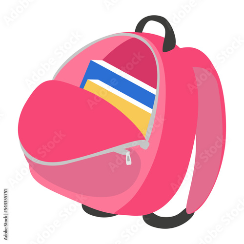 Cartoon pink schoolbag with textbook inside. Flat design stationery. Isolated on white background, EPS10 vector