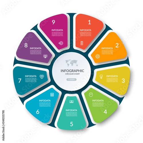 Infographic circle with 9 options, parts. 9-step vector template for business infographics. Process chart, cycle diagram for business presentation, report, brochure, web, data visualization.
