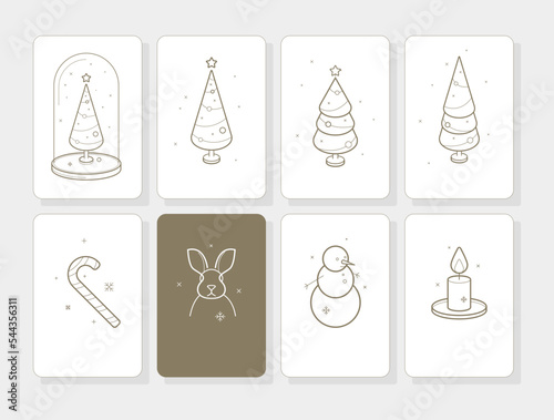 Minimalistic Christmas graphic set isolated vector elements for greeting card compositions. The graphics are perfect for Christmas wrapping papers,  greeting cards, packaging, stationeries
