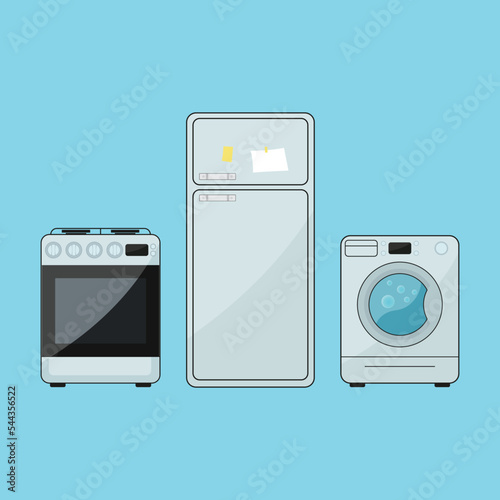 Refrigerator, washing machine, stove with oven white goods set. Vector illustration.