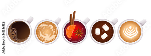 Set of coffee cups, top view.Hot espresso, cappuccino, latte, mulled wine, hot chocolate with marshmallows.Winter drinks.