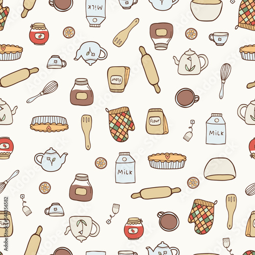 Cute seamless pattern with cozy items pie, teapot, jam. For home and kitchen textile, decoration, towel print, cover of cooking book, packaging design, template labels, gift and wrapping paper.