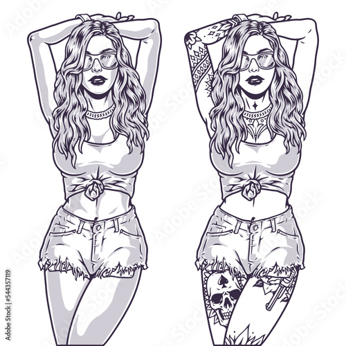 Cool girl portrait emblem monochrome