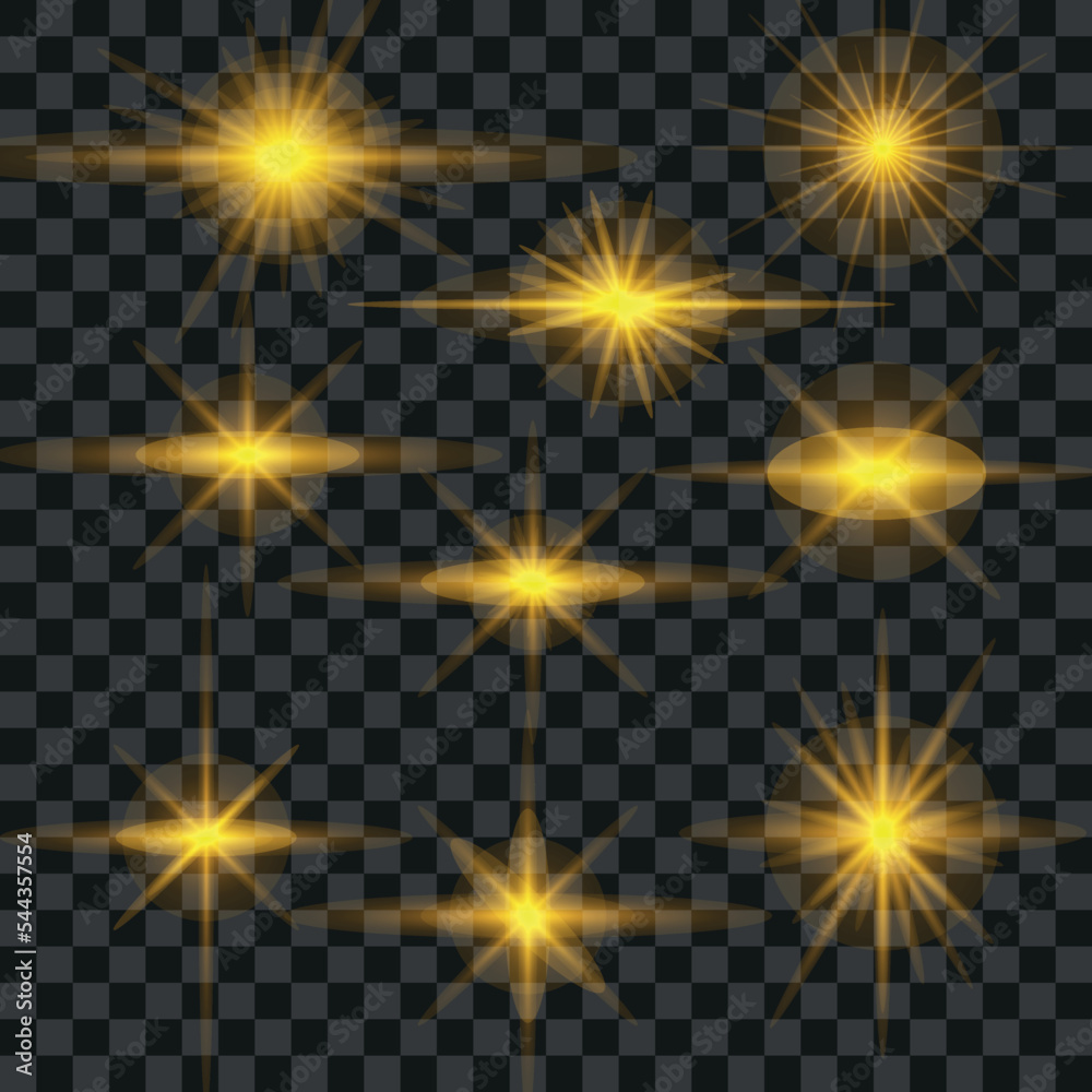Realistic collection of sparkling golden stars. Sparkling magical gold dust particles. Vector