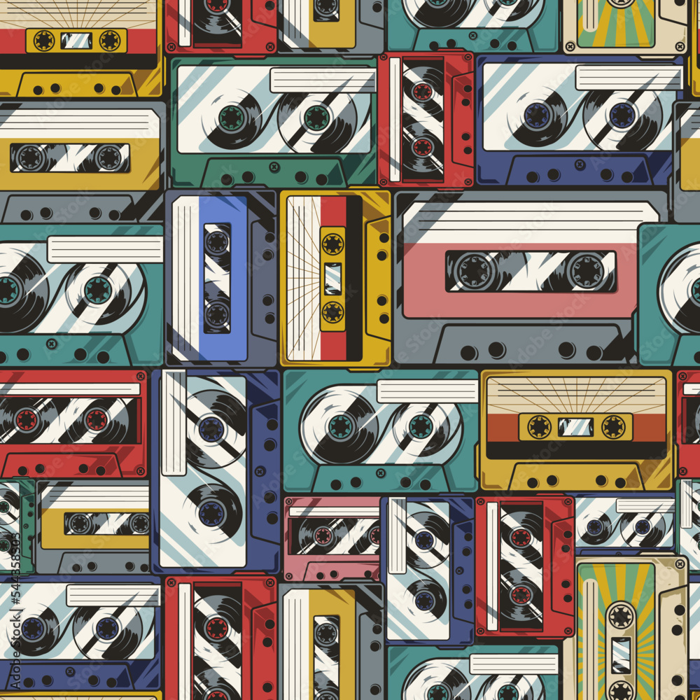 Cassettes colorful seamless pattern vintage