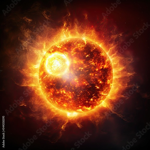 The sun burning in deep space, isolated on black background. Concept of astronomy and solar green energy. 3d illustration with copy space.