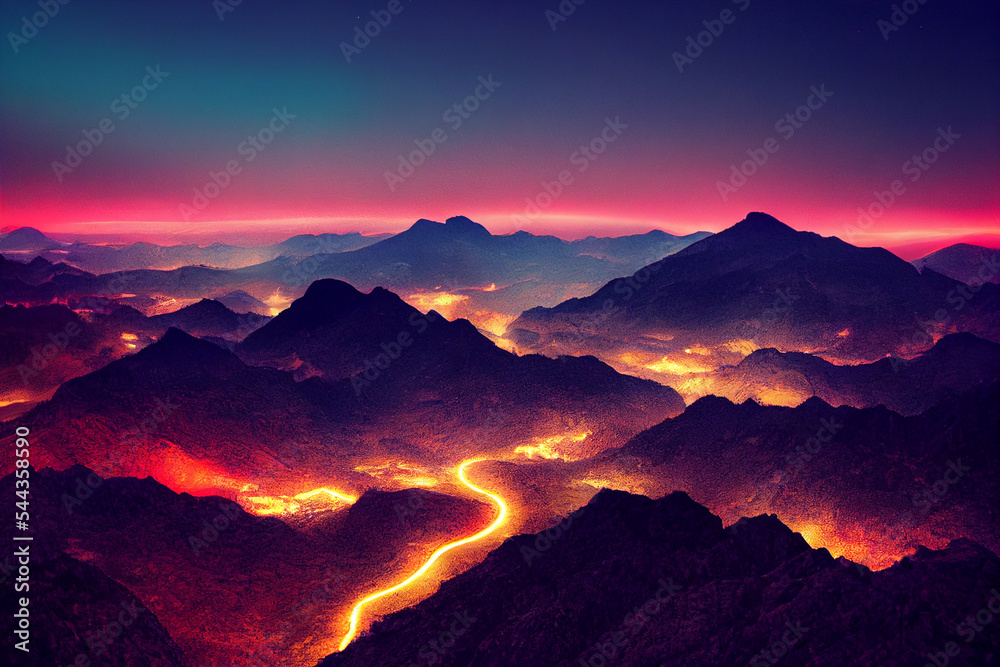 Mountains with a neon river flowing through