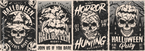 Halloween set flyers vintage monochrome