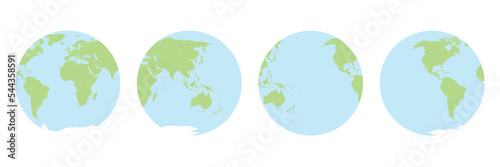 Four view circle Earth for globe. Continents and oceans. Vector illustration.
