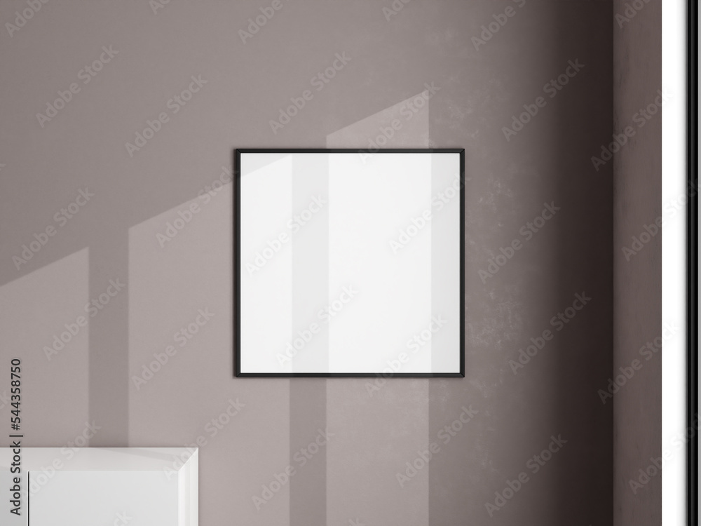 Photo frame mockup on white wall. Blank picture frame mockup in living room. Poster mockup. Clean, modern, minimal frame. Minimalist background. 3d rendering.