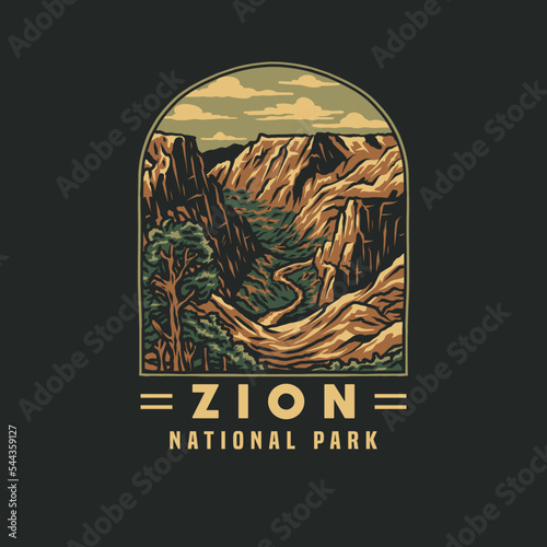 Emblem sticker patch logo illustration of Zion National Park, hand drawn line style with digital color, vector illustration © Amillustrated