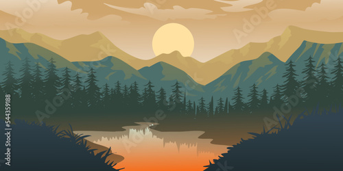 Silhouette of nature landscape. Mountains, forest in background © Amillustrated
