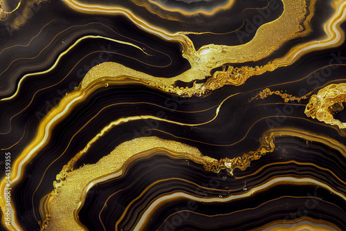 black marble background. Luxury abstract fluid art painting in alcohol ink technique, mixture of black, gray and gold paints. Black golden natural texture