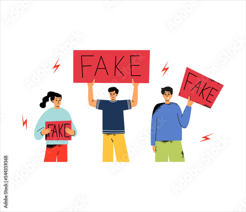 People protesting, protesting. Fake news, deceiving people. Disgruntled people with posters