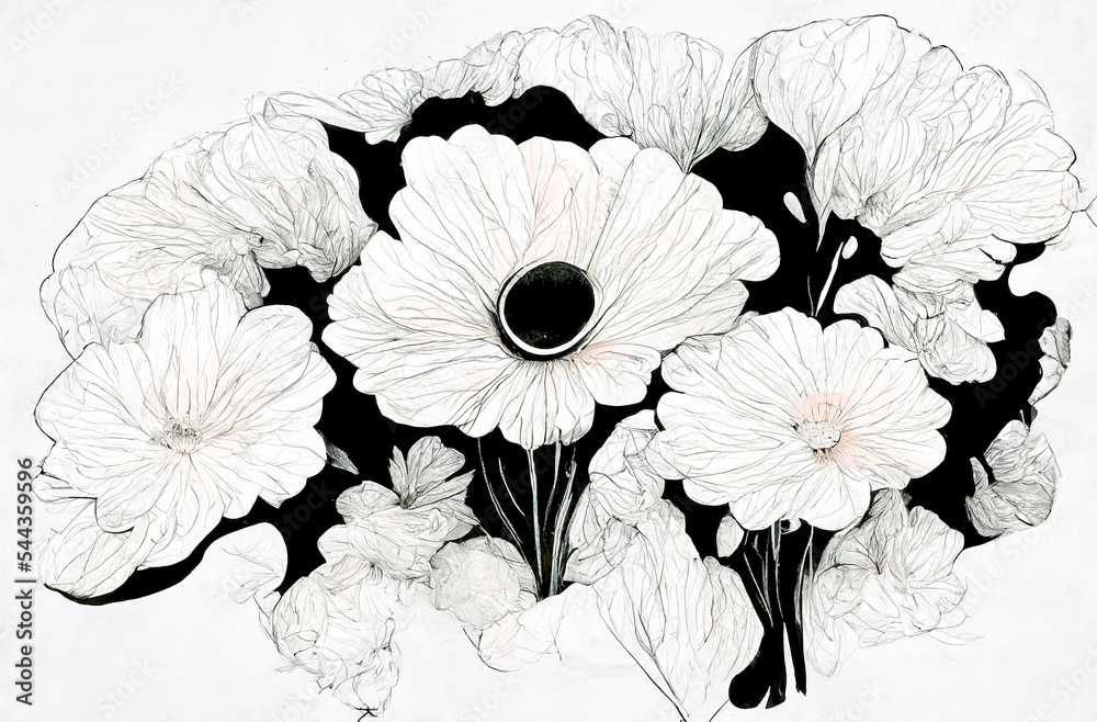 Fototapeta premium flowers drawing with line-art on white backgrounds. Hand drawn nature painting. Freehand sketching illustration. 3d rendering