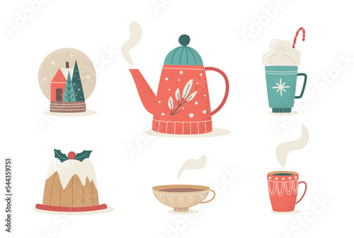 Vintage vector set of hot winter drinks. Cozy teapot, mugs and sweets: coffee, tea, hot chocolate with whipped cream, traditional Christmas cake. Mugs for Xmas, New year or winter holidays