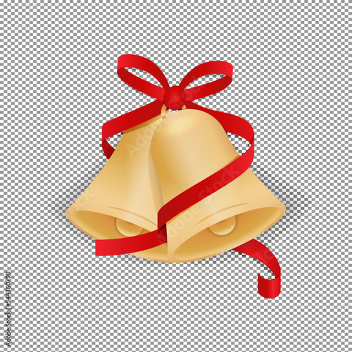 A Pair of gold bells with a red ribbon