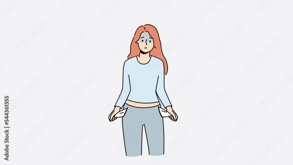 Frustrated young woman show empty pockets suffer from bankruptcy. Confused stressed girl feel bankrupt have no money. Motion illustration. Frustrated young woman show empty pockets suffer from bankruptcy. Confused stressed girl feel bankrupt have no money. Motion illustration.