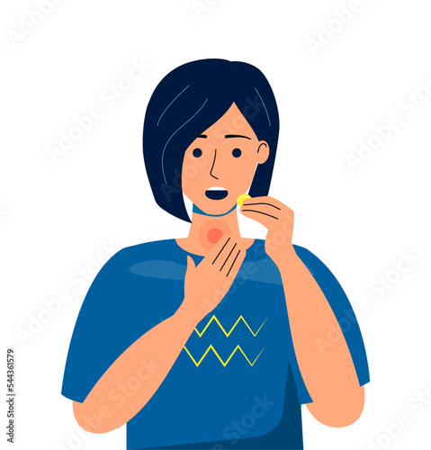 Woman with sore throat taking lemon flavored medical lozenges for cough and mouth pain relief. Health care concept. Vector 