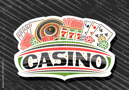 Vector logo for Casino, white sign board for gambling with illustration of european roulette wheel, colorful casino coins, poker four of a kind, red gambling cubes, decorative stars and word casino