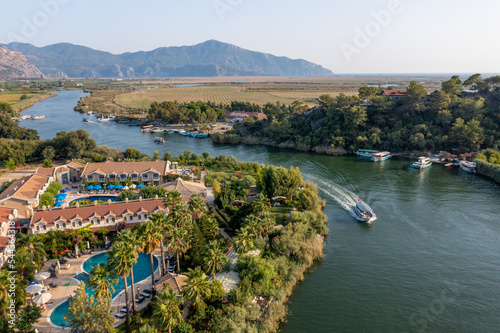 Aerial view of Dalyan river and boats with Iztuzu Beach Scenery, Turkey.