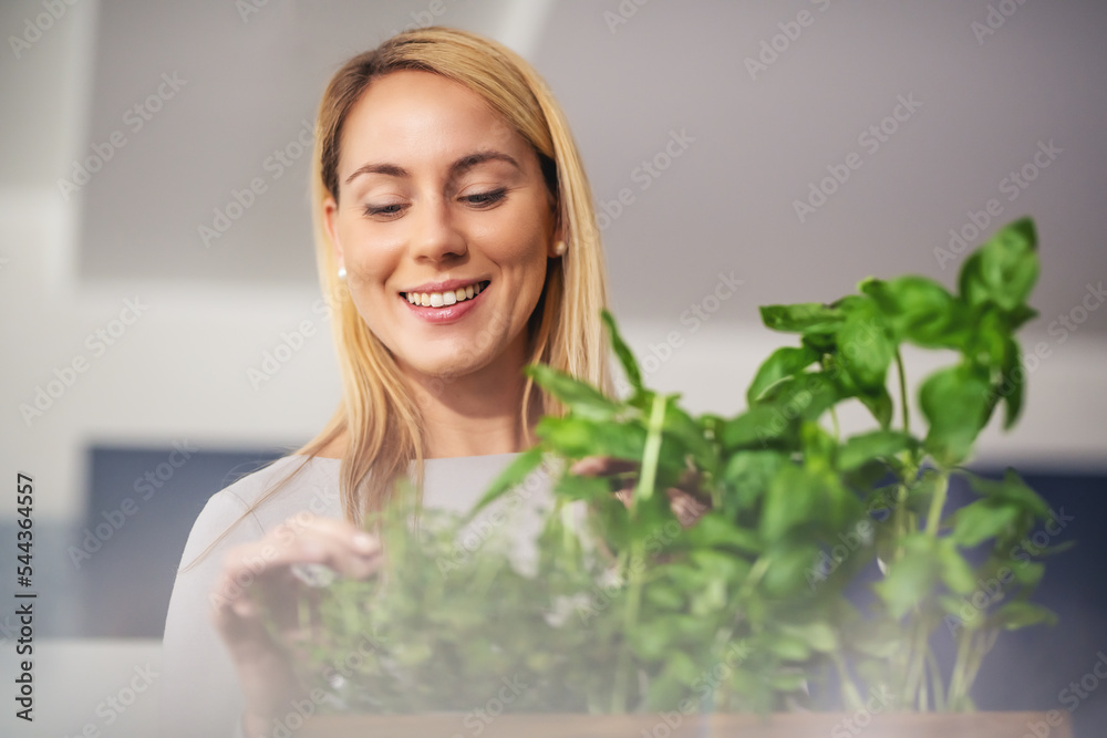 Smiling Caucasian blonde woman enjoying the home gardening hobby and looking at houseplants in the pot, low angle shot. Smiling Caucasian blonde woman enjoying the home gardening hobby and looking at houseplants in the pot, low angle shot.