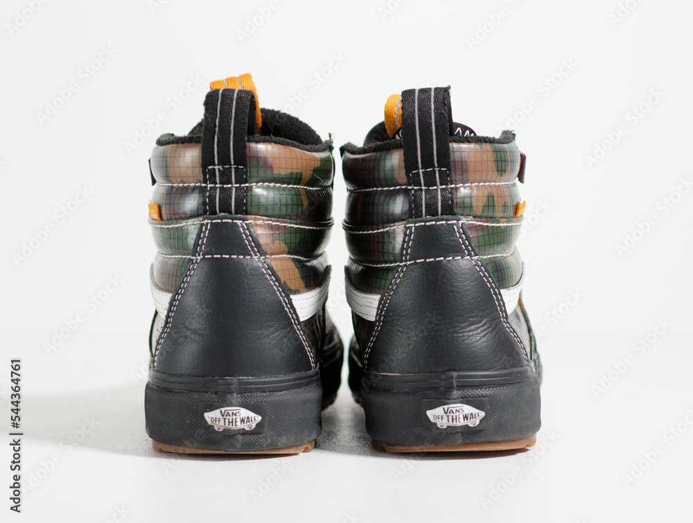 london, uk, 09.09.2022 Vans Sk8 Hi Mte 2 0 Dx Shoes black camo glazed  waterproof urban hiking shoes. Vans out door lifestyle fashion boots.  skateboarding fashion hi top shoe Stock Photo | Adobe Stock